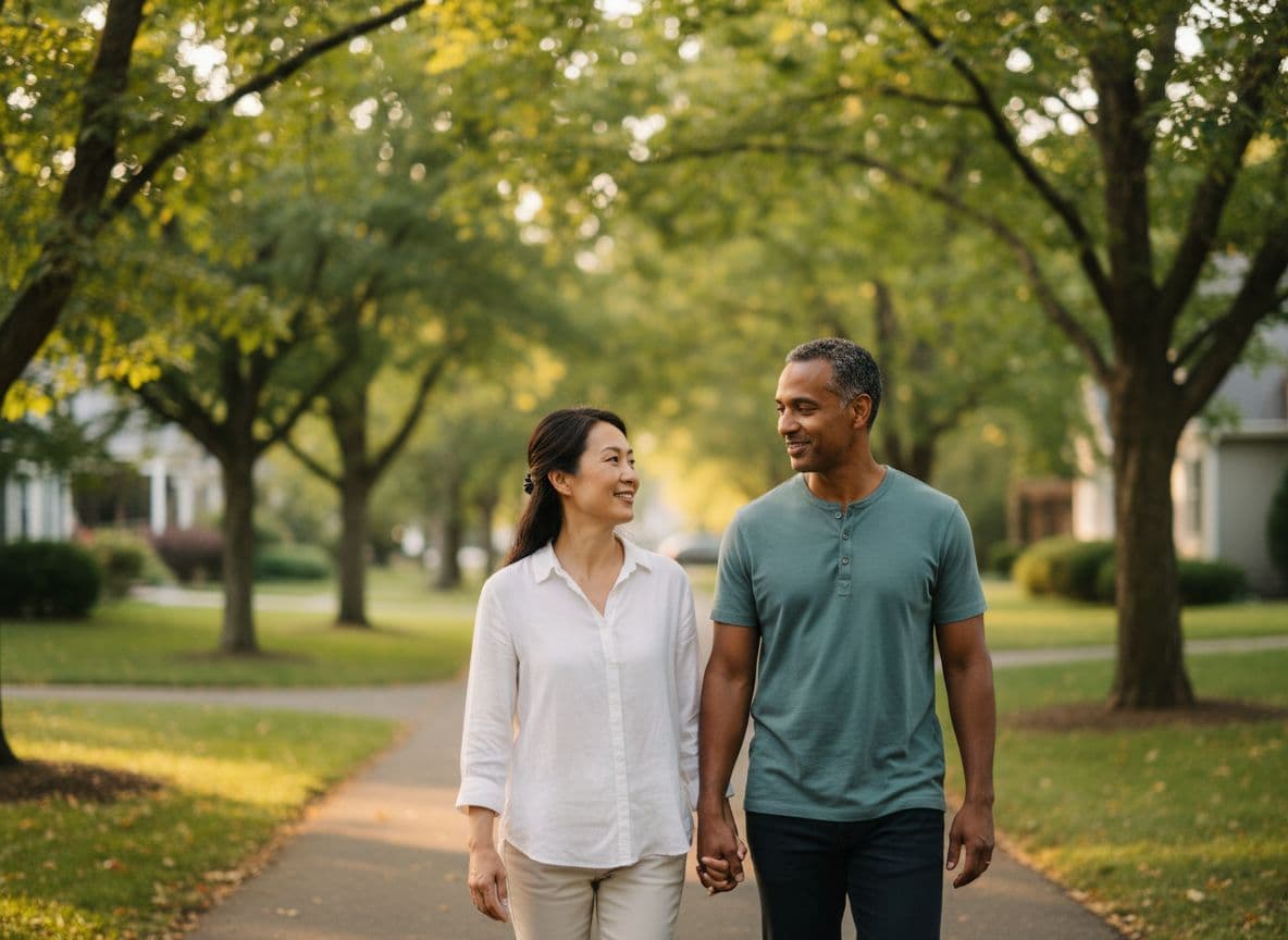 Parents walking together on a tree-lined street